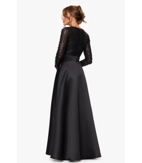 Vestido con falda de satén y blusa de lentejuelas manga larga