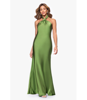 Satin dress with a knot at the neck and a halter neckline