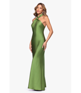Satin dress with a knot at the neck and a halter neckline