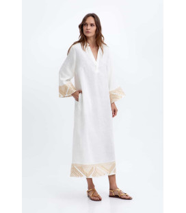 Vestido holgado de lino con escote en V y bordado de pirámides