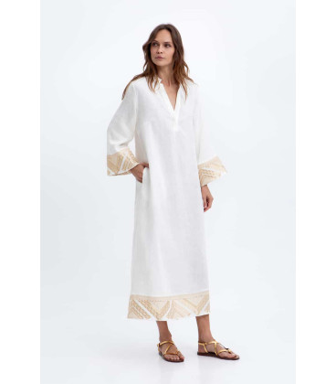 Vestido holgado de lino con escote en V y bordado de pirámides