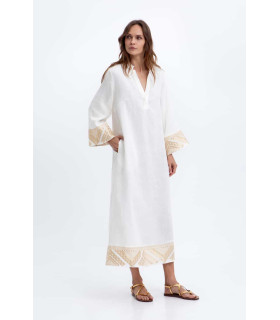 Vestido holgado de lino con escote en V y bordado de pirámides