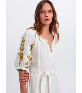 3/4 sleeve dress with gold embroidery and belt