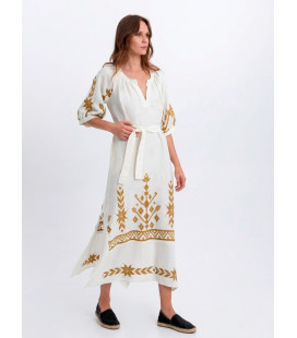 3/4 sleeve dress with gold embroidery and belt