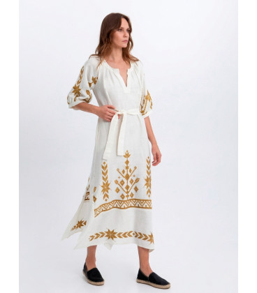3/4 sleeve dress with gold embroidery and belt