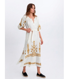 Vestido de manga 3/4 con bordado dorado y cinturón