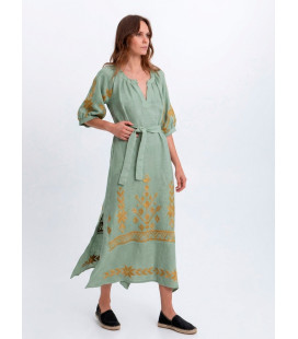 3/4 sleeve dress with gold embroidery and belt