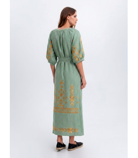 3/4 sleeve dress with gold embroidery and belt