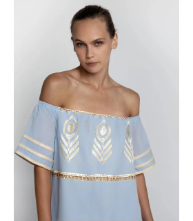 Off-the-shoulder dress with gold feather detail