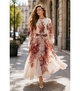 Organza dress with band collar and buttons