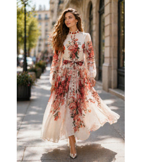 Organza dress with band collar and buttons