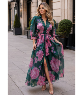 Vestido camisero de organza con estampado de rosas