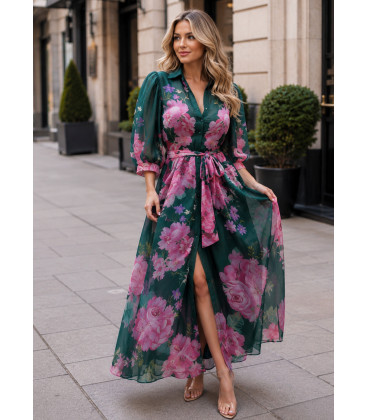 Vestido camisero de organza con estampado de rosas