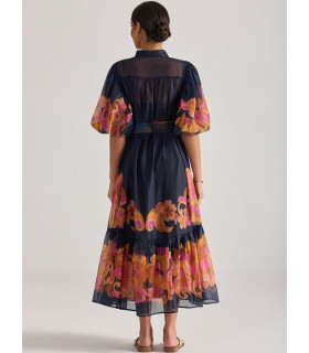 Vestido camisero estampado con mangas abullonadas