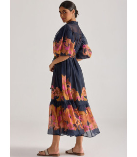 Printed shirt dress with puff sleeves