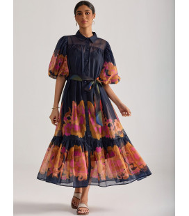 Vestido camisero estampado con mangas abullonadas