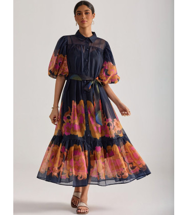 Printed shirt dress with puff sleeves