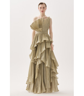 Strapless dress with pleated bodice and A-line skirt with slit