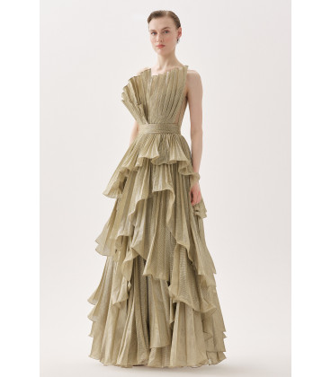 Strapless dress with pleated bodice and A-line skirt with slit