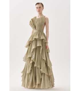 Strapless dress with pleated bodice and A-line skirt with slit