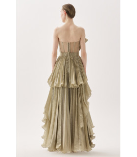 Strapless dress with pleated bodice and A-line skirt with slit