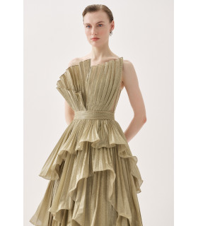 Strapless dress with pleated bodice and A-line skirt with slit