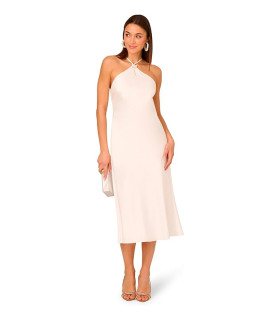 Vestido midi de satén con cuello halter