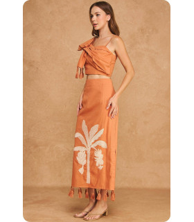 Linen set with tassels and tropical palm tree embroidery