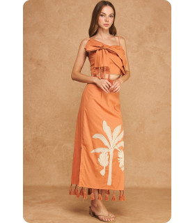 Linen set with tassels and tropical palm tree embroidery