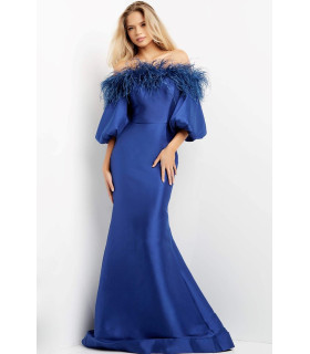 Mermaid-style dress with off-the-shoulder neckline and feathers