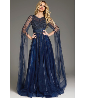 A-line dress with sheer cape sleeves embroidered with beads