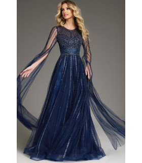 A-line dress with sheer cape sleeves embroidered with beads