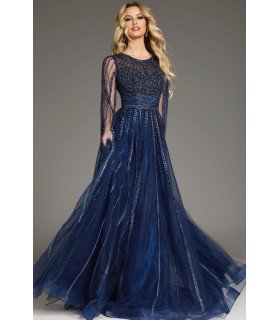 A-line dress with sheer cape sleeves embroidered with beads