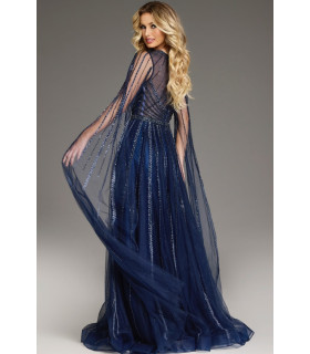 A-line dress with sheer cape sleeves embroidered with beads