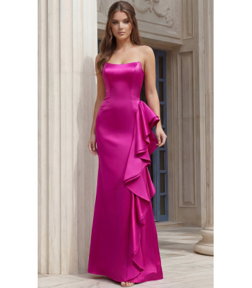 Fuchsia Satin Strapless Gown with Cascading Ruffle
