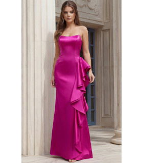Fuchsia Satin Strapless Gown with Cascading Ruffle
