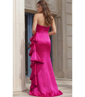 Fuchsia Satin Strapless Gown with Cascading Ruffle