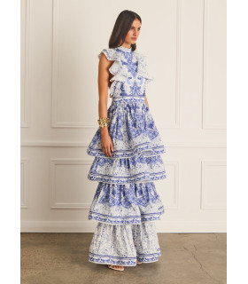 Dress with ruffles, high neck and tiered skirt