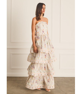 Strapless dress with tiered skirt and bow at the back