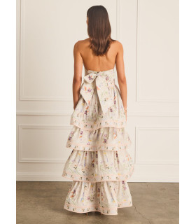 Strapless dress with tiered skirt and bow at the back