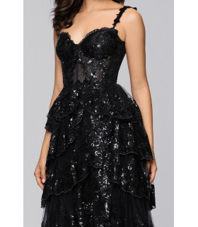 Sequin dress with tiered skirt and sweetheart neckline