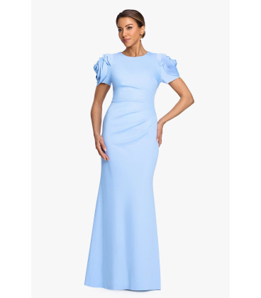 High-neck dress, flower on the shoulder, ruched at the stomach and back