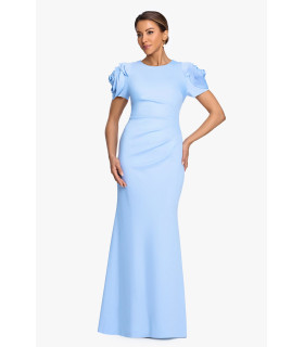 High-neck dress, flower on the shoulder, ruched at the stomach and back