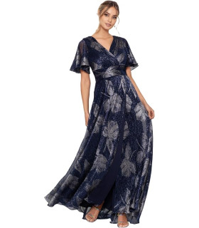 Dress with V-neck, short sleeves and ruffles
