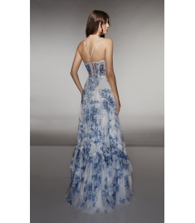 Vestido de corte A, escote en V con perlas y corpiño estructurado estilo corsé