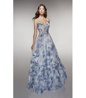Vestido de corte A, escote en V con perlas y corpiño estructurado estilo corsé