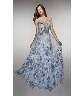 A-line dress, V-neck with pearls and structured corset-style bodice