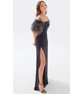 Off-the-shoulder dress with multicolored feathers