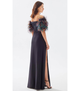 Off-the-shoulder dress with multicolored feathers