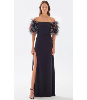 Off-the-shoulder dress with multicolored feathers